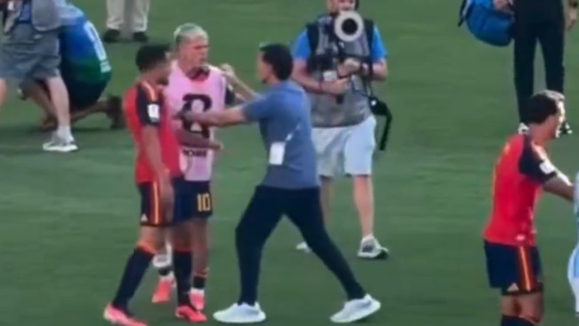 Roberto Ayala entschuldigt sich für den Schubs gegen Dani Olmo im WM-Finale: 
